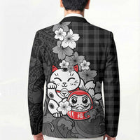 Black Palaka Hawaiian And Japanese Blazer Maneki Neko And Sakura Bloom
