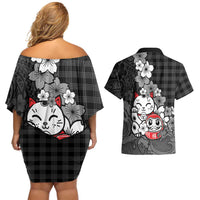 Black Palaka Hawaiian And Japanese Couples Matching Off Shoulder Short Dress and Hawaiian Shirt Maneki Neko And Sakura Bloom