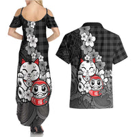 Black Palaka Hawaiian And Japanese Couples Matching Summer Maxi Dress and Hawaiian Shirt Maneki Neko And Sakura Bloom