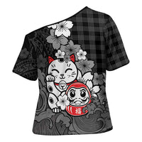 Black Palaka Hawaiian And Japanese Cross Shoulder Shirt Maneki Neko And Sakura Bloom