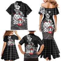 Black Palaka Hawaiian And Japanese Family Matching Mermaid Dress and Hawaiian Shirt Maneki Neko And Sakura Bloom