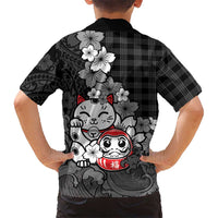Black Palaka Hawaiian And Japanese Family Matching Off Shoulder Maxi Dress and Hawaiian Shirt Maneki Neko And Sakura Bloom
