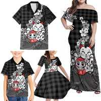 Black Palaka Hawaiian And Japanese Family Matching Off Shoulder Maxi Dress and Hawaiian Shirt Maneki Neko And Sakura Bloom