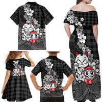 Black Palaka Hawaiian And Japanese Family Matching Off Shoulder Maxi Dress and Hawaiian Shirt Maneki Neko And Sakura Bloom