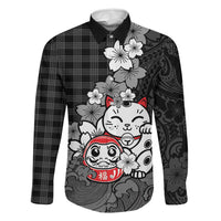 Black Palaka Hawaiian And Japanese Family Matching Off Shoulder Maxi Dress and Hawaiian Shirt Maneki Neko And Sakura Bloom