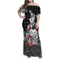 Black Palaka Hawaiian And Japanese Family Matching Off Shoulder Maxi Dress and Hawaiian Shirt Maneki Neko And Sakura Bloom