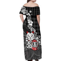 Black Palaka Hawaiian And Japanese Family Matching Off Shoulder Maxi Dress and Hawaiian Shirt Maneki Neko And Sakura Bloom
