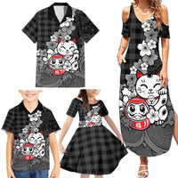 Black Palaka Hawaiian And Japanese Family Matching Summer Maxi Dress and Hawaiian Shirt Maneki Neko And Sakura Bloom