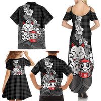 Black Palaka Hawaiian And Japanese Family Matching Summer Maxi Dress and Hawaiian Shirt Maneki Neko And Sakura Bloom
