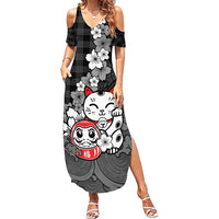Black Palaka Hawaiian And Japanese Family Matching Summer Maxi Dress and Hawaiian Shirt Maneki Neko And Sakura Bloom