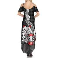 Black Palaka Hawaiian And Japanese Family Matching Summer Maxi Dress and Hawaiian Shirt Maneki Neko And Sakura Bloom