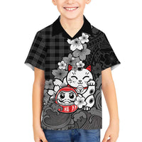 Black Palaka Hawaiian And Japanese Family Matching Summer Maxi Dress and Hawaiian Shirt Maneki Neko And Sakura Bloom