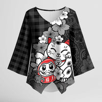 Black Palaka Hawaiian And Japanese Kimono Sleeve Blouse Maneki Neko And Sakura Bloom