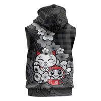 Black Palaka Hawaiian And Japanese Sleeveless Zip Hoodie Maneki Neko And Sakura Bloom DT05 - Polynesian Pride
