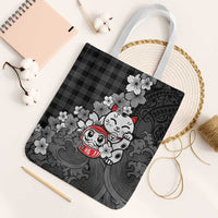 Black Palaka Hawaiian And Japanese Tote Bag Maneki Neko And Sakura Bloom
