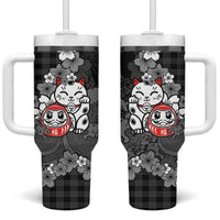 Black Palaka Hawaiian And Japanese Tumbler With Handle Maneki Neko And Sakura Bloom DT05 One Size: 40 oz Black - Polynesian Pride