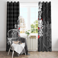 Black Palaka Hawaiian And Japanese Window Curtain Maneki Neko And Sakura Bloom