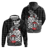 Black Palaka Hawaiian And Japanese Zip Hoodie Maneki Neko And Sakura Bloom