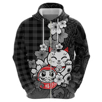 Black Palaka Hawaiian And Japanese Zip Hoodie Maneki Neko And Sakura Bloom