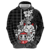 Black Palaka Hawaiian And Japanese Zip Hoodie Maneki Neko And Sakura Bloom