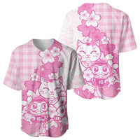 Pink Palaka Hawaiian And Japanese Baseball Jersey Maneki Neko And Sakura Bloom