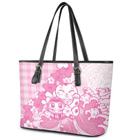 Pink Palaka Hawaiian And Japanese Leather Tote Bag Maneki Neko And Sakura Bloom