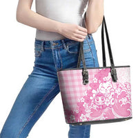 Pink Palaka Hawaiian And Japanese Leather Tote Bag Maneki Neko And Sakura Bloom
