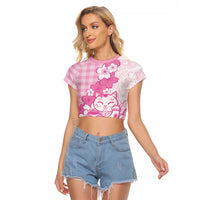 Pink Palaka Hawaiian And Japanese Raglan Cropped T Shirt Maneki Neko And Sakura Bloom DT05 Female Pink - Polynesian Pride