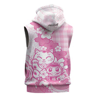 Pink Palaka Hawaiian And Japanese Sleeveless Hoodie Maneki Neko And Sakura Bloom DT05 - Polynesian Pride