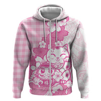 Pink Palaka Hawaiian And Japanese Zip Hoodie Maneki Neko And Sakura Bloom