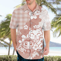 Beige Palaka Hawaiian And Japanese Hawaiian Shirt Maneki Neko And Sakura Bloom