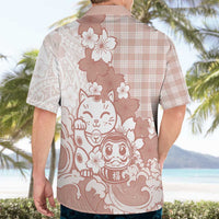 Beige Palaka Hawaiian And Japanese Hawaiian Shirt Maneki Neko And Sakura Bloom