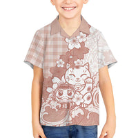 Beige Palaka Hawaiian And Japanese Hawaiian Shirt Maneki Neko And Sakura Bloom