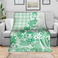 Green Palaka Hawaiian And Japanese Blanket Maneki Neko And Sakura Bloom