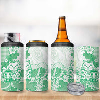 Green Palaka Hawaiian And Japanese 4 in 1 Can Cooler Tumbler Maneki Neko And Sakura Bloom DT05 - Polynesian Pride