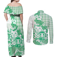 Green Palaka Hawaiian And Japanese Couples Matching Off Shoulder Maxi Dress and Long Sleeve Button Shirt Maneki Neko And Sakura Bloom DT05 - Polynesian Pride