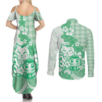 Green Palaka Hawaiian And Japanese Couples Matching Summer Maxi Dress and Long Sleeve Button Shirt Maneki Neko And Sakura Bloom DT05 - Polynesian Pride