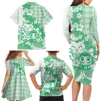 Green Palaka Hawaiian And Japanese Family Matching Long Sleeve Bodycon Dress and Hawaiian Shirt Maneki Neko And Sakura Bloom DT05 - Polynesian Pride