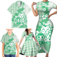 Green Palaka Hawaiian And Japanese Family Matching Short Sleeve Bodycon Dress and Hawaiian Shirt Maneki Neko And Sakura Bloom DT05 - Polynesian Pride