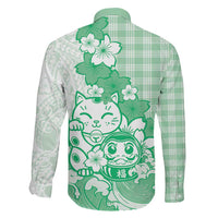 Green Palaka Hawaiian And Japanese Family Matching Short Sleeve Bodycon Dress and Hawaiian Shirt Maneki Neko And Sakura Bloom DT05 - Polynesian Pride