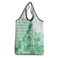 Green Palaka Hawaiian And Japanese Grocery Bag Maneki Neko And Sakura Bloom