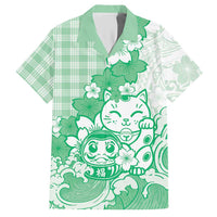 Green Palaka Hawaiian And Japanese Hawaiian Shirt Maneki Neko And Sakura Bloom