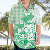 Green Palaka Hawaiian And Japanese Hawaiian Shirt Maneki Neko And Sakura Bloom