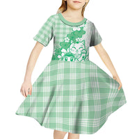 Green Palaka Hawaiian And Japanese Kid Short Sleeve Dress Maneki Neko And Sakura Bloom