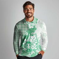 Green Palaka Hawaiian And Japanese Long Sleeve Polo Shirt Maneki Neko And Sakura Bloom DT05 - Polynesian Pride