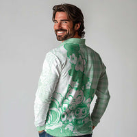 Green Palaka Hawaiian And Japanese Long Sleeve Polo Shirt Maneki Neko And Sakura Bloom DT05 - Polynesian Pride