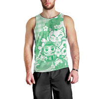 Green Palaka Hawaiian And Japanese Men Tank Top Maneki Neko And Sakura Bloom