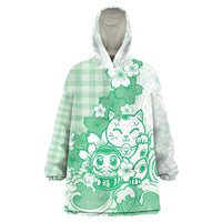 Green Palaka Hawaiian And Japanese Wearable Blanket Hoodie Maneki Neko And Sakura Bloom