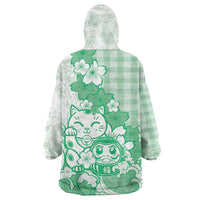 Green Palaka Hawaiian And Japanese Wearable Blanket Hoodie Maneki Neko And Sakura Bloom