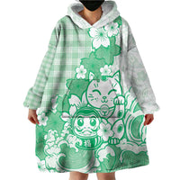 Green Palaka Hawaiian And Japanese Wearable Blanket Hoodie Maneki Neko And Sakura Bloom